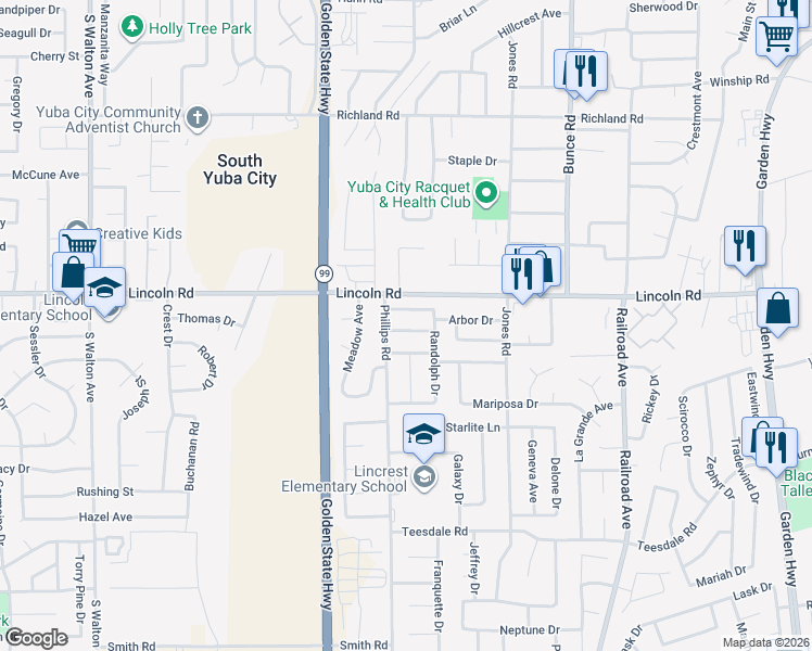 map of restaurants, bars, coffee shops, grocery stores, and more near 1183 John Wayne Drive in Yuba City
