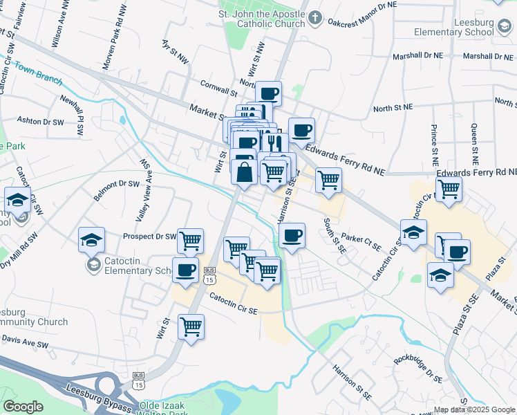 map of restaurants, bars, coffee shops, grocery stores, and more near 4 Stationmaster Street Southeast in Leesburg