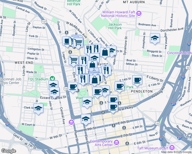 map of restaurants, bars, coffee shops, grocery stores, and more near in Cincinnati