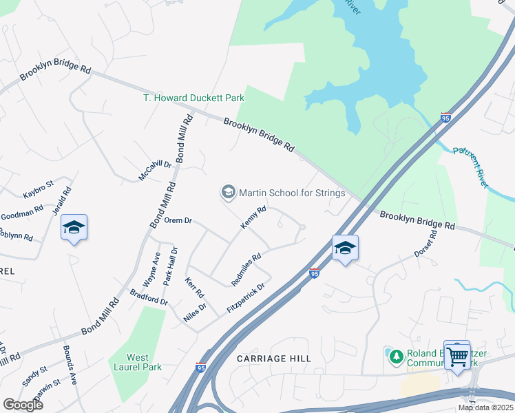 map of restaurants, bars, coffee shops, grocery stores, and more near 16116 Kenny Road in Laurel