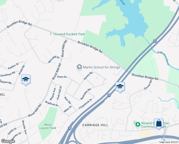map of restaurants, bars, coffee shops, grocery stores, and more near 16116 Kenny Road in Laurel