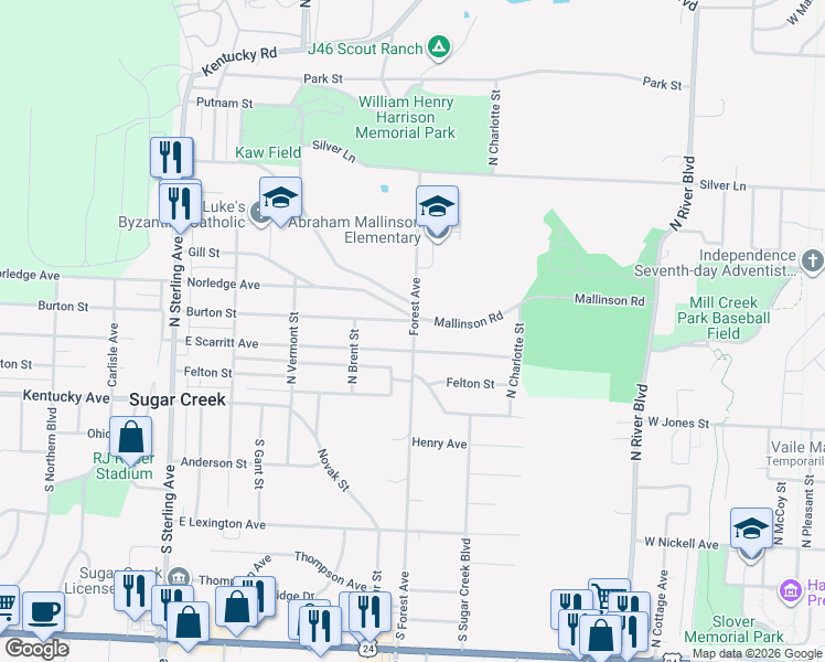 map of restaurants, bars, coffee shops, grocery stores, and more near 314 North Forest Street in Sugar Creek