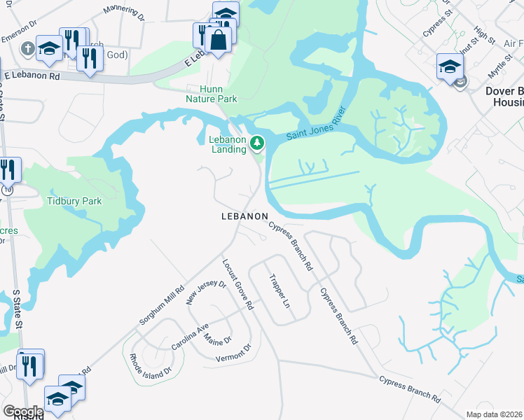map of restaurants, bars, coffee shops, grocery stores, and more near 1230 Sorghum Mill Road in Dover