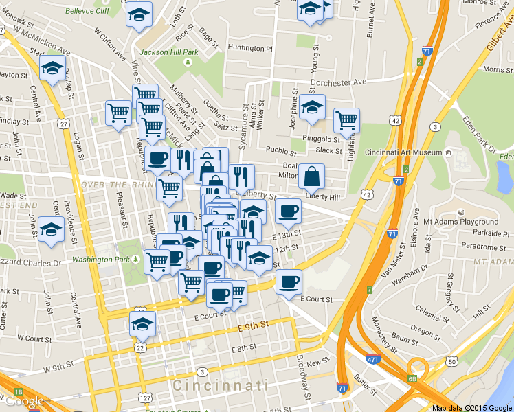 map of restaurants, bars, coffee shops, grocery stores, and more near in Cincinnati