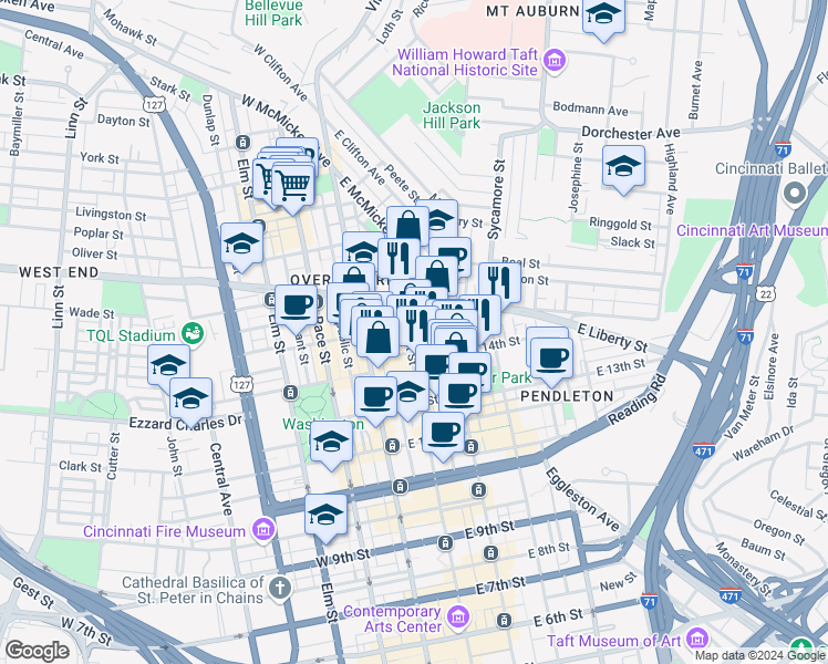 map of restaurants, bars, coffee shops, grocery stores, and more near 1432 East Liberty Street in Cincinnati