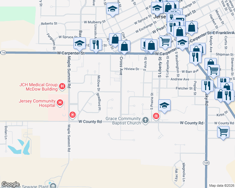 map of restaurants, bars, coffee shops, grocery stores, and more near 512 Cross Avenue in Jerseyville