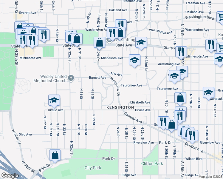 map of restaurants, bars, coffee shops, grocery stores, and more near 2405 Tauromee Avenue in Kansas City
