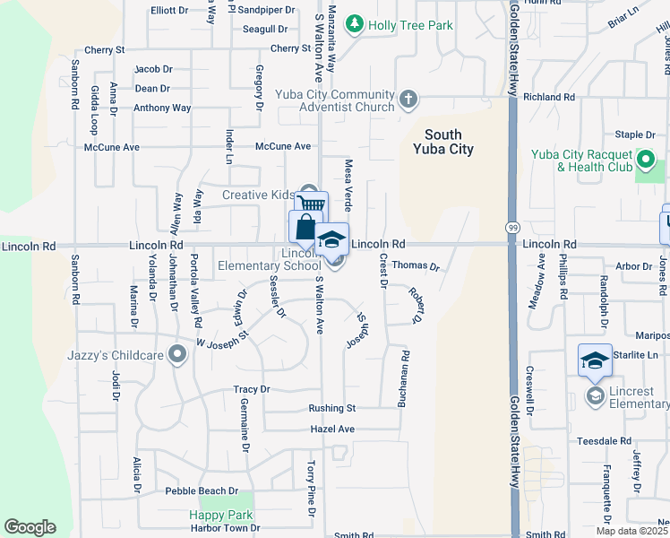 map of restaurants, bars, coffee shops, grocery stores, and more near 1582 Lincoln Road in Yuba City