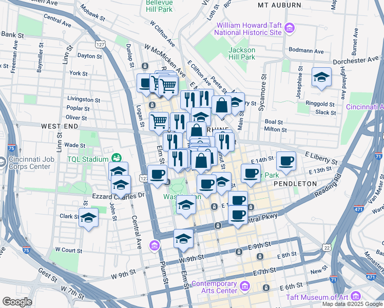 map of restaurants, bars, coffee shops, grocery stores, and more near in Cincinnati