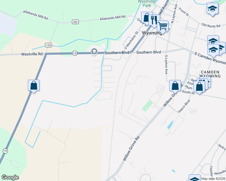 map of restaurants, bars, coffee shops, grocery stores, and more near 82 Pepperwood Drive in Wyoming