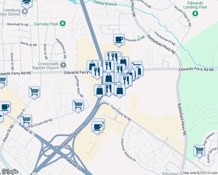 map of restaurants, bars, coffee shops, grocery stores, and more near 1019 Edwards Ferry Road Northeast in Leesburg