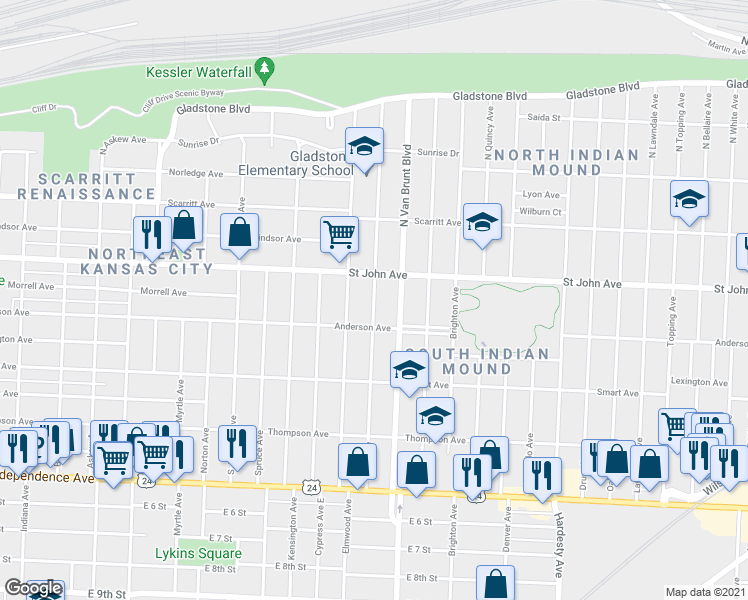 map of restaurants, bars, coffee shops, grocery stores, and more near 124 Lawn Avenue in Kansas City