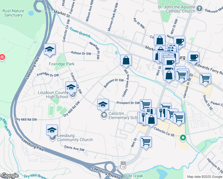 map of restaurants, bars, coffee shops, grocery stores, and more near 304 Lafayette Place Southwest in Leesburg