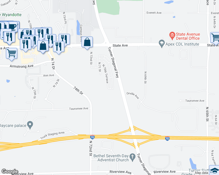 map of restaurants, bars, coffee shops, grocery stores, and more near 709 North 70 Terrace in Kansas City