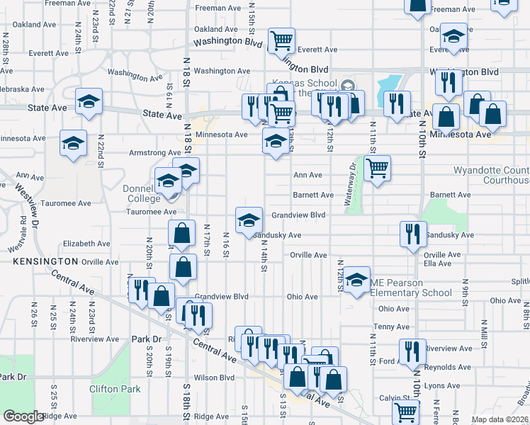 map of restaurants, bars, coffee shops, grocery stores, and more near 1323 Barnett Avenue in Kansas City