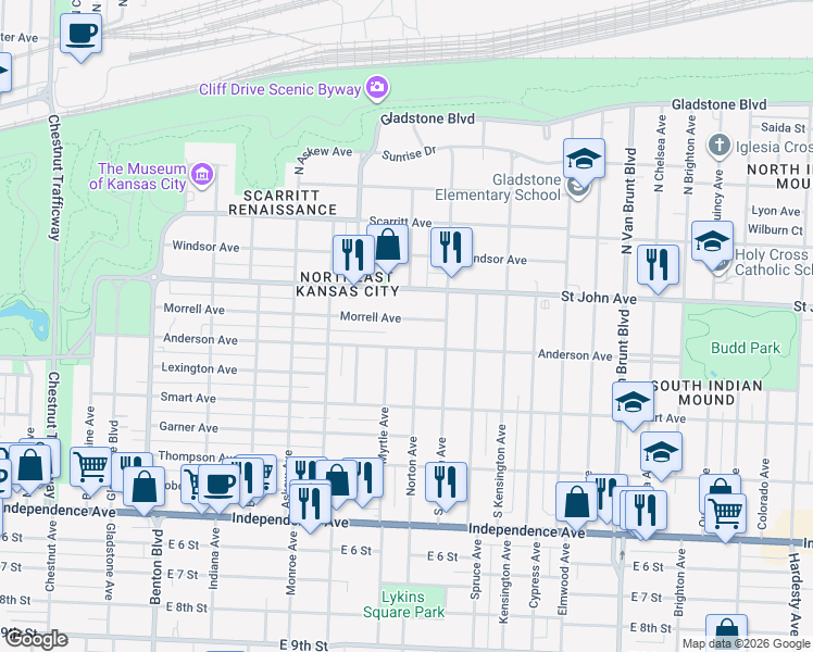 map of restaurants, bars, coffee shops, grocery stores, and more near 3955 Saint John Avenue in Kansas City