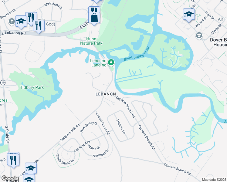 map of restaurants, bars, coffee shops, grocery stores, and more near 1230 Sorghum Mill Road in Dover