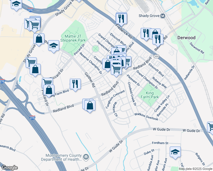 map of restaurants, bars, coffee shops, grocery stores, and more near 504 Lawson Way in Rockville
