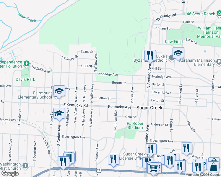 map of restaurants, bars, coffee shops, grocery stores, and more near 10621 Burton Street in Sugar Creek