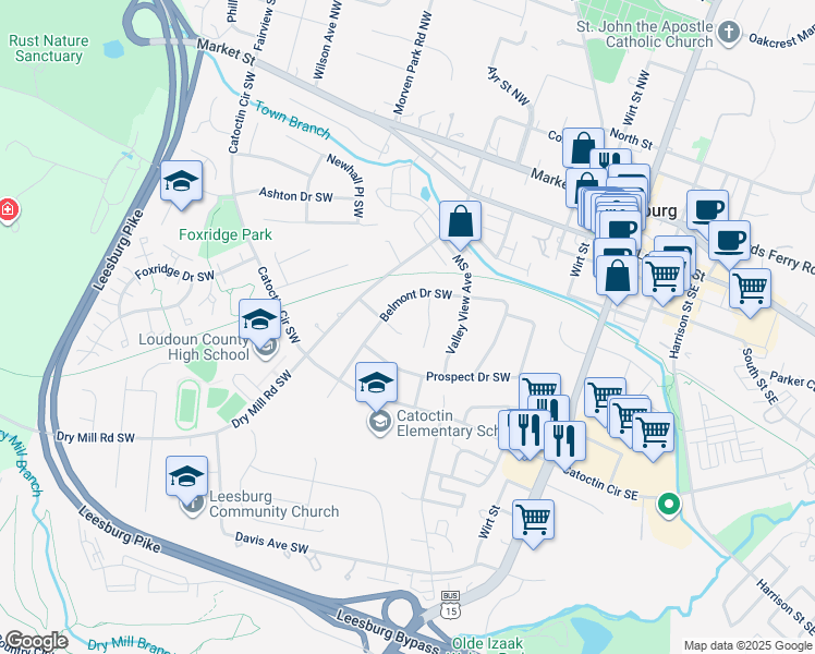 map of restaurants, bars, coffee shops, grocery stores, and more near 304 Lafayette Place Southwest in Leesburg