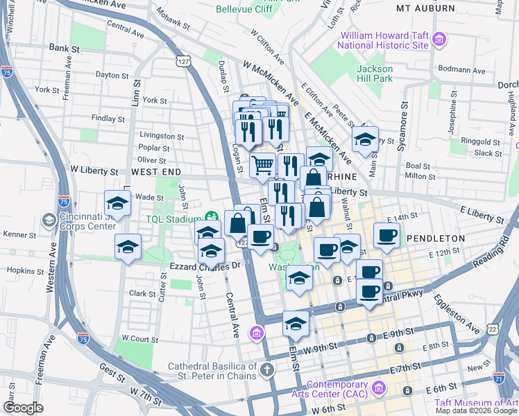 map of restaurants, bars, coffee shops, grocery stores, and more near in Cincinnati