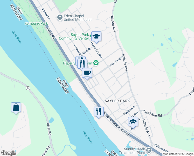map of restaurants, bars, coffee shops, grocery stores, and more near 6540 Parkland Avenue in Cincinnati