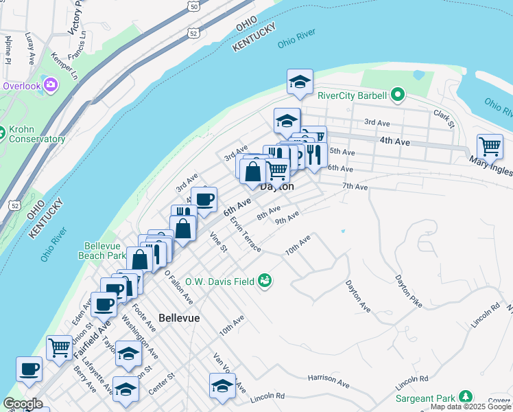 map of restaurants, bars, coffee shops, grocery stores, and more near 509 6th Avenue in Dayton
