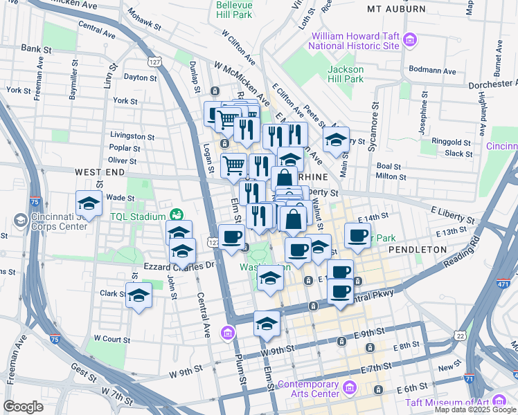 map of restaurants, bars, coffee shops, grocery stores, and more near 1509 Race Street in Cincinnati