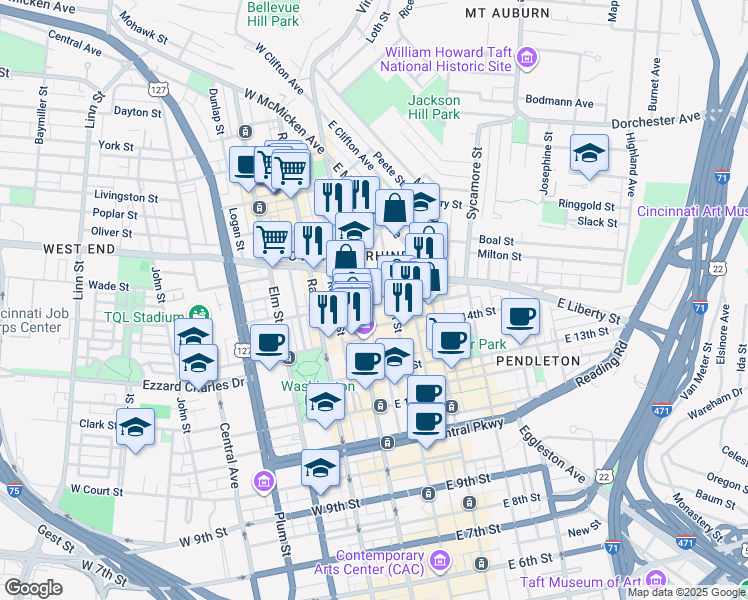 map of restaurants, bars, coffee shops, grocery stores, and more near 1447 Walnut Street in Cincinnati