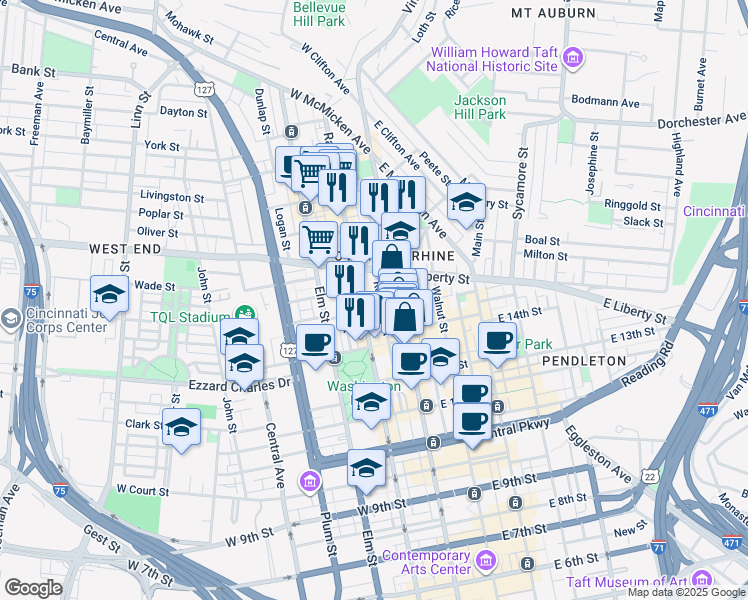 map of restaurants, bars, coffee shops, grocery stores, and more near 1509 Race Street in Cincinnati