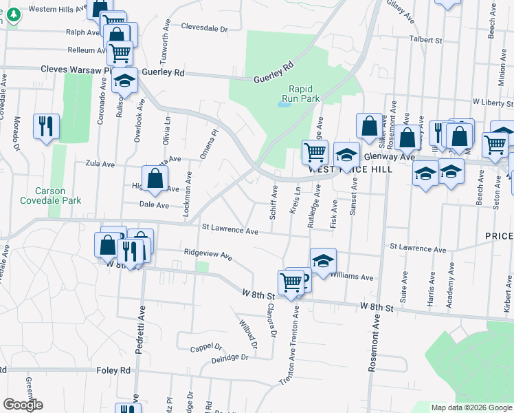 map of restaurants, bars, coffee shops, grocery stores, and more near 4537 Glenway Avenue in Cincinnati
