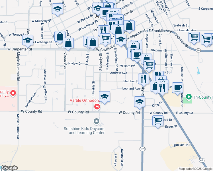 map of restaurants, bars, coffee shops, grocery stores, and more near 710 South Lafayette Street in Jerseyville