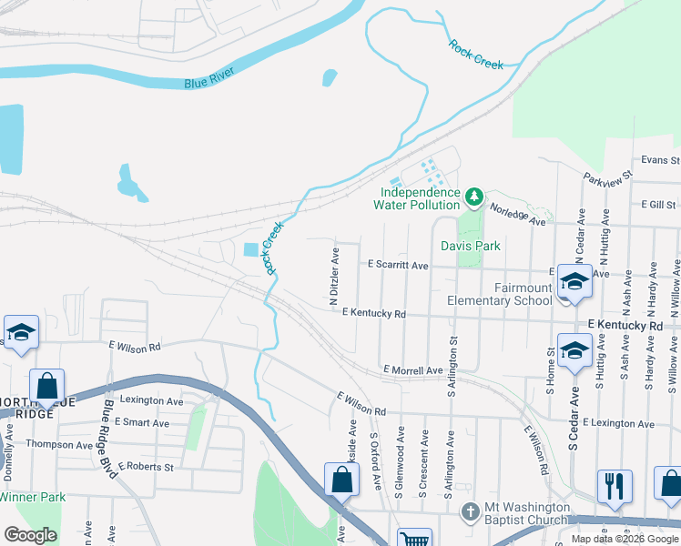 map of restaurants, bars, coffee shops, grocery stores, and more near 200 North Brookside Avenue in Independence