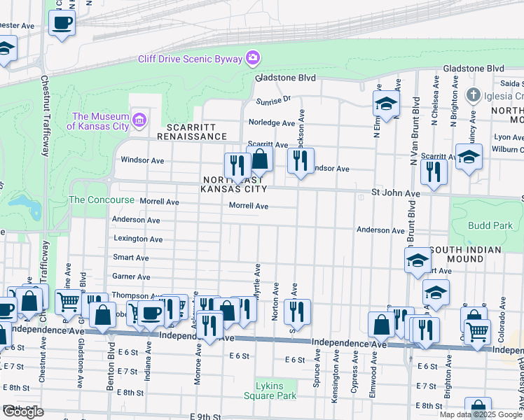 map of restaurants, bars, coffee shops, grocery stores, and more near 3955 Saint John Avenue in Kansas City