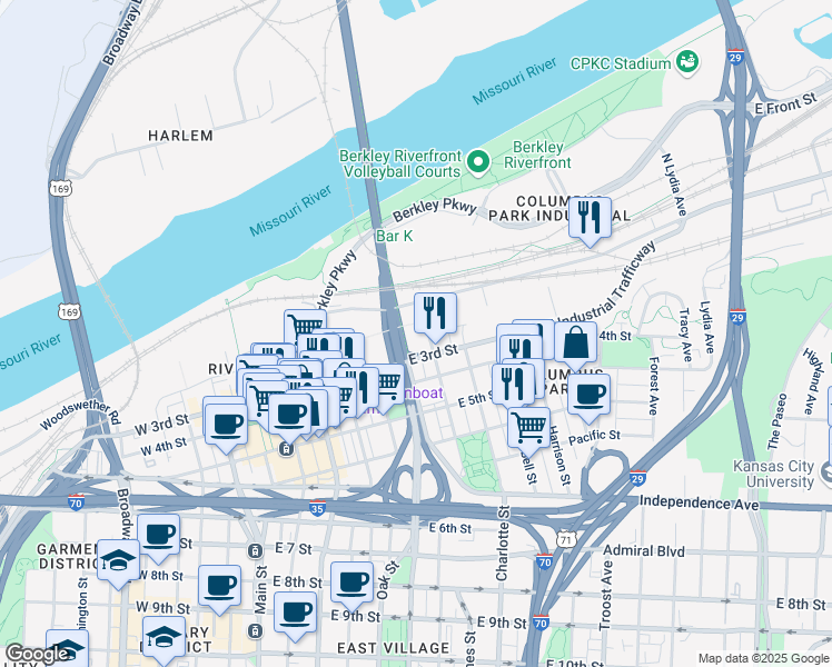map of restaurants, bars, coffee shops, grocery stores, and more near 101 Holmes Street in Kansas City
