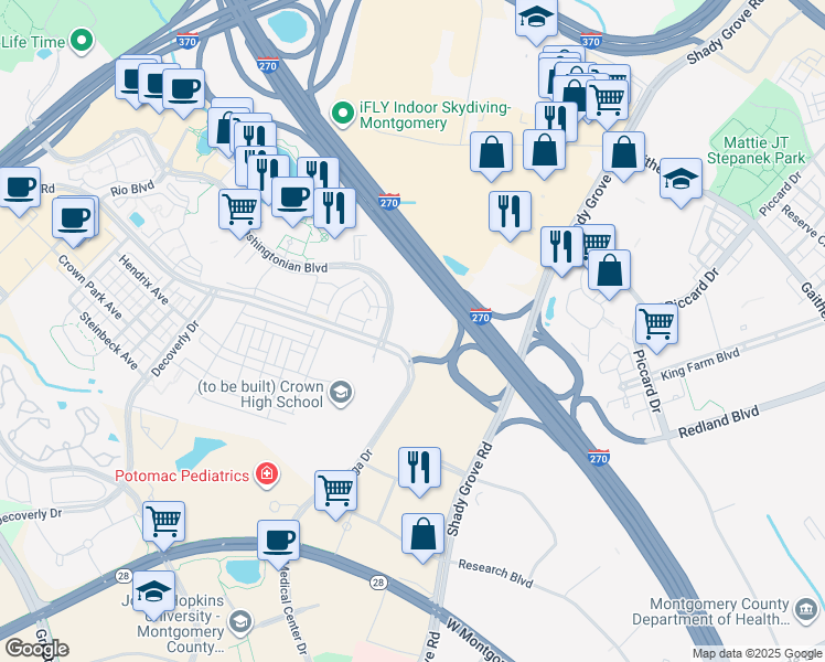 map of restaurants, bars, coffee shops, grocery stores, and more near 9711 Washingtonian Boulevard in Gaithersburg