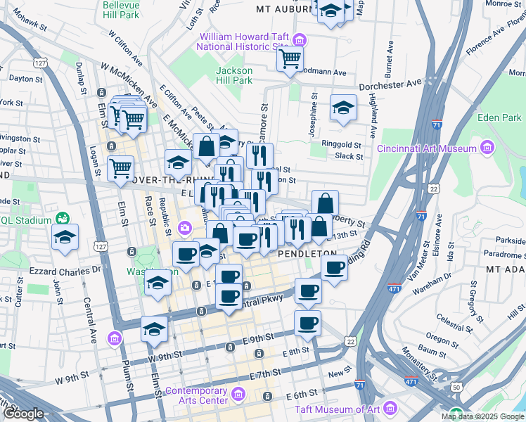 map of restaurants, bars, coffee shops, grocery stores, and more near in Cincinnati