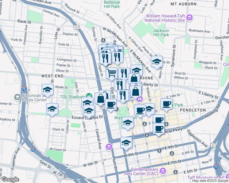 map of restaurants, bars, coffee shops, grocery stores, and more near 1522 Elm Street in Cincinnati