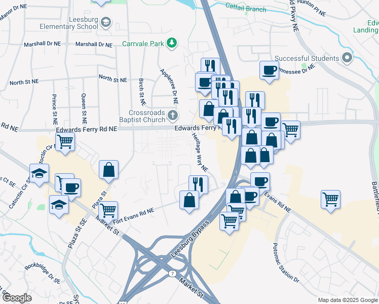 map of restaurants, bars, coffee shops, grocery stores, and more near 33 Adams Drive Northeast in Leesburg