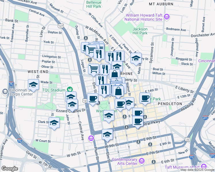 map of restaurants, bars, coffee shops, grocery stores, and more near 1509 Race Street in Cincinnati