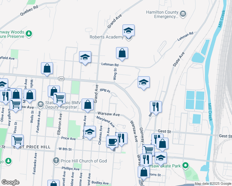 map of restaurants, bars, coffee shops, grocery stores, and more near 2558 Ring Place in Cincinnati