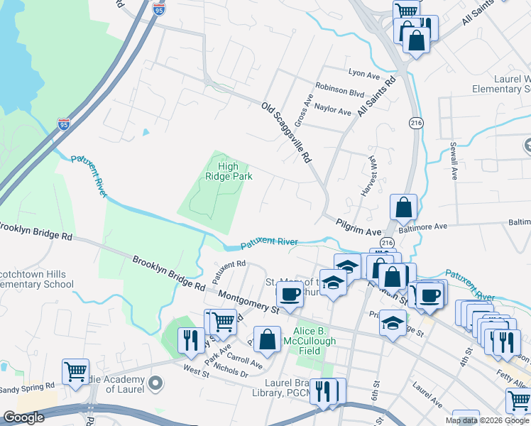 map of restaurants, bars, coffee shops, grocery stores, and more near 9437 Fairview Avenue in Laurel