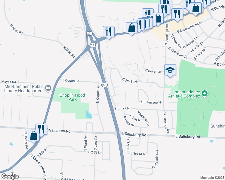 map of restaurants, bars, coffee shops, grocery stores, and more near 324 North Queen Ridge Avenue in Independence