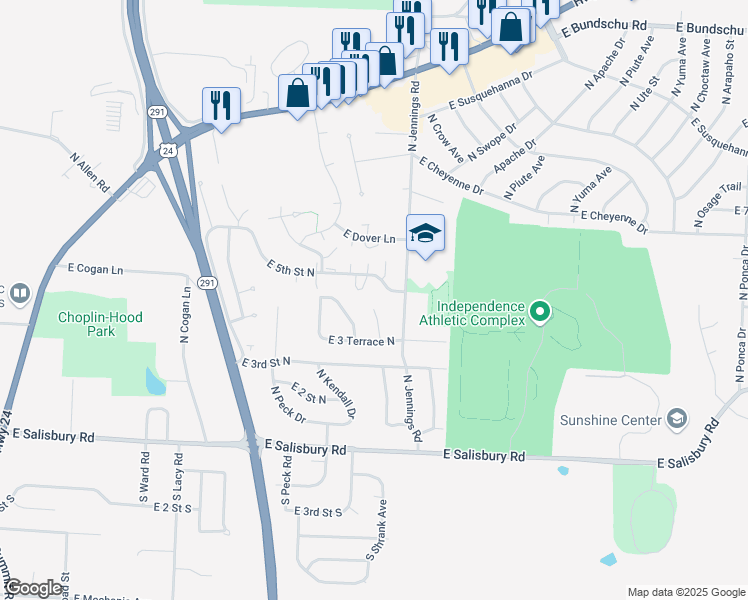 map of restaurants, bars, coffee shops, grocery stores, and more near 409 North Gilbert Street in Independence