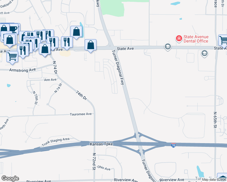 map of restaurants, bars, coffee shops, grocery stores, and more near 713 North 70 Terrace in Kansas City