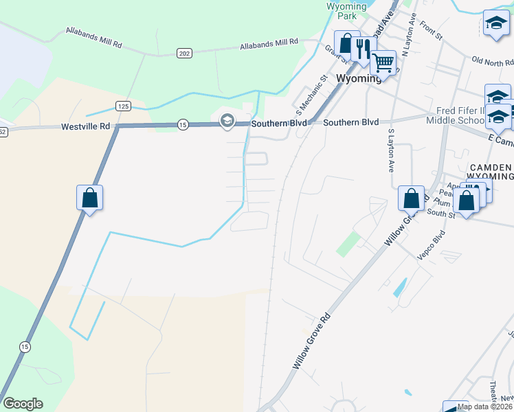 map of restaurants, bars, coffee shops, grocery stores, and more near 18 Pepperwood Drive in Wyoming