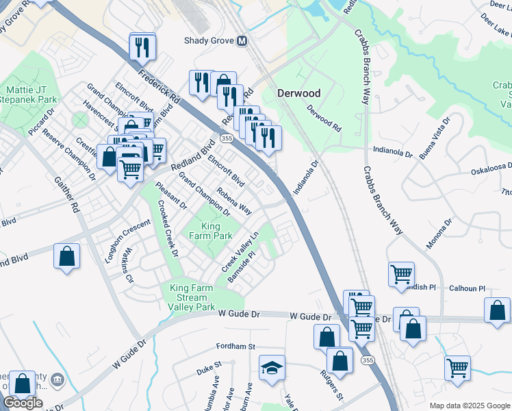 map of restaurants, bars, coffee shops, grocery stores, and more near 203 Watkins Pond Boulevard in Rockville