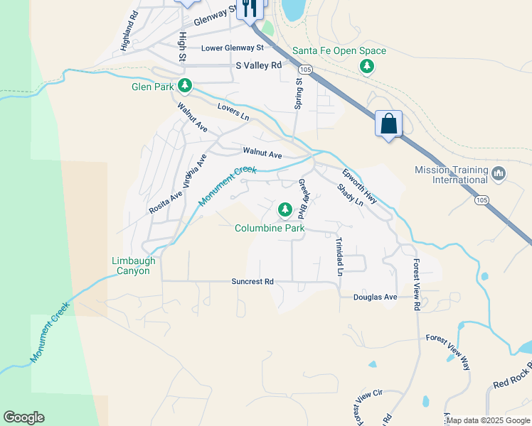 map of restaurants, bars, coffee shops, grocery stores, and more near 527 Fort Collins Drive in Palmer Lake
