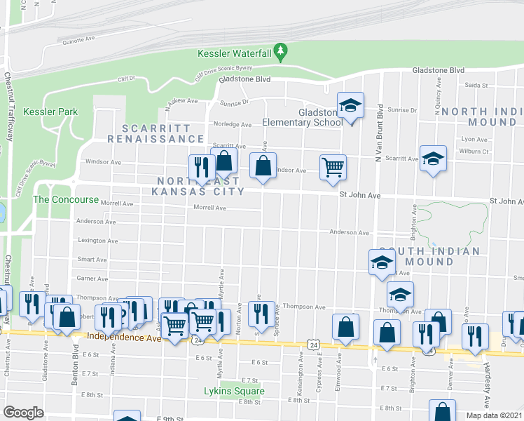 map of restaurants, bars, coffee shops, grocery stores, and more near Jackson Ave & Morrell Ave in Kansas City