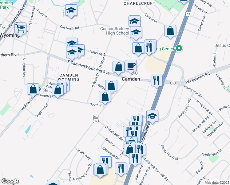 map of restaurants, bars, coffee shops, grocery stores, and more near 38 South Main Street in Camden